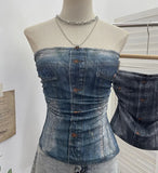 Shooting Denimed Tie-Dye Printing Mesh Yarn Tectar Tset With Chest Cushion Anti-Slip Vest Short Top