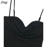 Women Sexy V Neck Pleats Design Black White Color Spaghetti Strap Bodysuits Ladies Zipper Playsuits Mujer Rompers