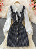 Women Two Piece Set 2023 Korean Fashion Bowtied Collar White Blouse And Spaghetti Strap Single Breasted Mini Tweed Dress