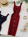 Summer Pink/Red/White/Black Women Knitted Dress Vintage High Waist Button Single-breasted Slim Casual Dress For Female