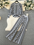 Knitted Two Pieces Suits Round Neck Labyrinth Print Loose Sweater+Wide Legs Long Pants Women Korean Style Casual