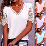 Women's T-Shirt Burst Lace Splicing Loose V-Neck Short-Sleeved