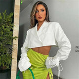 Women Blazer V Neck Long Sleeve Cropped Blazer Autumn Chic Button Lace Up Turn-down Collar
