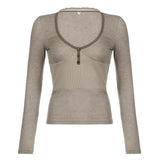 Zingj Hot Sexy Collarbone Button Deep V Collar Slim Top 2024 Spring Vintage Knit T-Shirt Female
