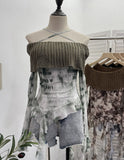 Shot Shoulder Cross Hanging Neck Knitting Mesh Yarn Coat Irregular Ribbon Horn Long-Sleeved T-Shirt