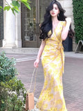 Holiday Print Satin Long Dresses for Women 2023 Summer New Elegant Party Fashion Backless Lace Up Female Clothing