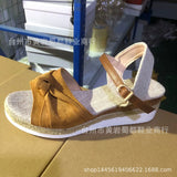 New Fish Mouth Bow Buckle Thick Bottom Slope Sandals Women's Large Size Hemp Rope Bottom Flat Bottom Women
