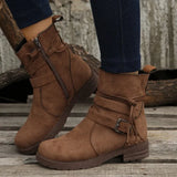 Zingj Independent Station Autumn And Winter New Round Head Side Zipper Low Heel Large Size Short Boots Flat-Soled Belt Buckle Suede Martin