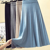 2021 Fashion Autumn Winter Knitted Midi Long Pleated Skirt Women Korean Style Blue Mid-Length High Waist Skirt