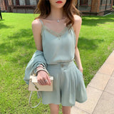 Sets Women 3 Pieces Summer Solid Lace V-neck Top Summer Outfit Empire Clothes Oversize Double Breasted Blazer Korean