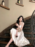 Midi Dresses for Women 2023 Summer New Square Collar Sleeveless Female Sundress Elegant Party Wedding Evening Satin