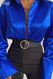 Satin Long Sleeve Blouses Women 2023 Autumn Vintage Blue Green Silk Shirt Women Casual Loose Button Up Street