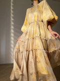 Midi Dresses for Women 2023 New Summer French Elegant Party Prints Large Hemline Loose Long Sleeve Sweet Female