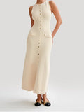 New Fake Pockets Knitted Long Dress Fashion Single Button Sleeveless O Neck Slim Dresses Summer Lady Commute Party