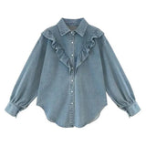 Style Ruffle Denim Blouse Women Casual Loose Long Sleeve Jean Shirt Female Elegant Plus Size 4XL Spring Blue Denim