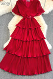 Beach Long Dress Women Elegant V-Neck Short Sleeve Cascading Ruffles Big Swing Vestidos Female Red/Green/Pink Maxi