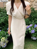 Summer Women Lace Up Midi Dresses Party Clothes Lady Casual Korea Style One Piece Robe