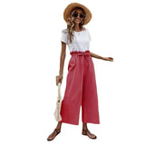 New Women's Summer Loose Waist Solid Cotton Belt Broad Leg Pants Loose Nine-Point Trousers