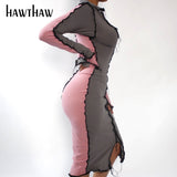 Women Autumn Winter Long Sleeve Color Block Patchwork Bodycon Package Hip Pencil Dress 2020 Female Clothing