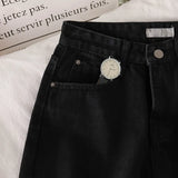 Women Black Straight Trousers Fur-lined Half Zippers Fly Denim Bottom Harajuku Pocket-shorts Streetwear Stretchy Mujer