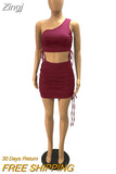 Sexy Two Piece Set One Shoulder Hollow Crop Top Draped Bodycon Mini Dress for Women Vacation Outfits Club Matching