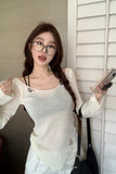 Korean Style Long-sleeved Ripped Thin Knitted Sunscreen Blouse T-shirt Tops With Small Tube Top Fashion Women's