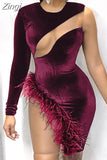 Sexy Sheer Mesh Patchwork Velvet Mini Dress Women One Long Shoulder Feather Night Club Short Bodycon Vestidos