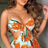 Women Elegant Spaghetti Strap Floral Print Ruffle Hem Midriff Mini Hollow Out Vacation Sexy