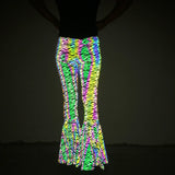 Dazzling Reflective Bell Bottoms Women Fashion Slim High Waist Wide Leg Trousers Nightclub Stage Sexy Women-Outfit