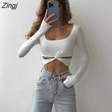Women's Spring Autumn Slim Fit Crop Tops Square Neck Long Sleeve Solid Color Twisted Hollow Out T-shirt for