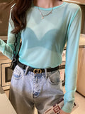 Korean Fashion Mesh T-shirts Women Vintage Transparent Tops for Women Loose White Transparent Office Lady