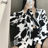 Womens Cow Pattern Printing Hot Sale Design Turn Down Collar Casual Loose Korean Style Cool Ulzzang Chic Autumn