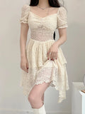 Sexy Sweet Lace A-Line Dress See Through Slim Square Collar Puff Sleeve Mini Dresses For Women 2022 Summer Fashion