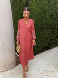 Flower Embroidery V-neck Loose Maxi Dress Women Casual Loose Long Lantern Sleeve Split Robes Summer Lady Holiday