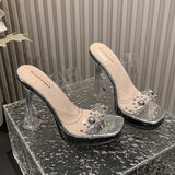 Zingj Summer New Pearl Transparent With Round Head Waterproof Platform Fashion Thick Heel Super High Heel Casual Fashion Sandals