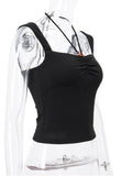 Black Square-neck Halter Tank Top Sexy Slim Pleated Backless Summer Crop Tops 2023 Women Sleeveless Bodycon