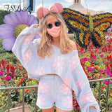 2021 Summer Spring Casual Long Sleeve Women Sweater Top Knitted And Biker Shotrs Two Piece Sets