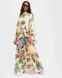 Women Vintage Print Spliced Lace Up Maxi Dress with ribbon Casual Loose V Neck Flare Sleeves Dresses Summer Lady Elegant