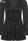V Neck Chic Design Long Sleeve Pleated Black Dress Female Fashion Corset Buttons Autumn Dress Mini Ruched Korean