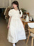White Dress Women Summer Kawaii Midi Dresses Bow Preppy Style Sundress Ruffle Patchwork Peter Pan Collar Puff
