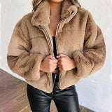Warm Jacket Women Long Sleeve Zipper Coat Solid Stand Up Collar Outerwear Plush Female Clothes Plus Size