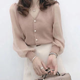 size Women's Spring Autumn Style Chiffon Blouses Shirt Women's Knitted Button Long Sleeve Solid Color Lace Patchwork