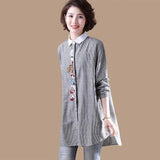 Striped Cotton Long-Sleeved Ladies' Shirt Korean Version Loose Shirt Embroidered Large Size Medium-Length