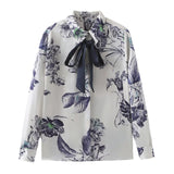 Bowknot Satin Printed Shirt In Spring And