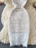 Women Lace Bodycon Mini Dress Sexy Square Collar Mesh Short Sleeve High Waist Party Vestidos Female White Robe 2023