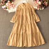 Zingj Temperament Aging Solid Color Simple Dress Autumn Dress Korean Version Fashion Bubble Long Sleeves Show Thin Button Long Skirt