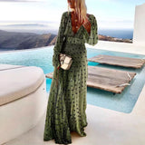 Polka Dot Print Deep V Neck Party Dress Women Fashion Shiny Long Sleeve Maxi Dress Ladies Casual Loose Big Hem Dresses 211-0-Outfit