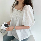 Crochet Square Collar Puff Sleeve BlouseOutfit