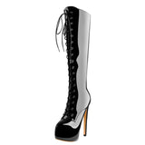 Onlymaker Women's Round Toe Stiletto Platform Zipper Knee High Boots16CM High Heel Pattern Lace Up Plus Size Boots For