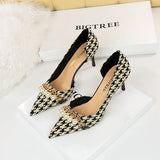 Zingj Korean Version With High Heel Shallow Mouth Pointed Head Side Hollow Cloth Plaid Grain Pearl Metal Chain Thousand Bird Case Single